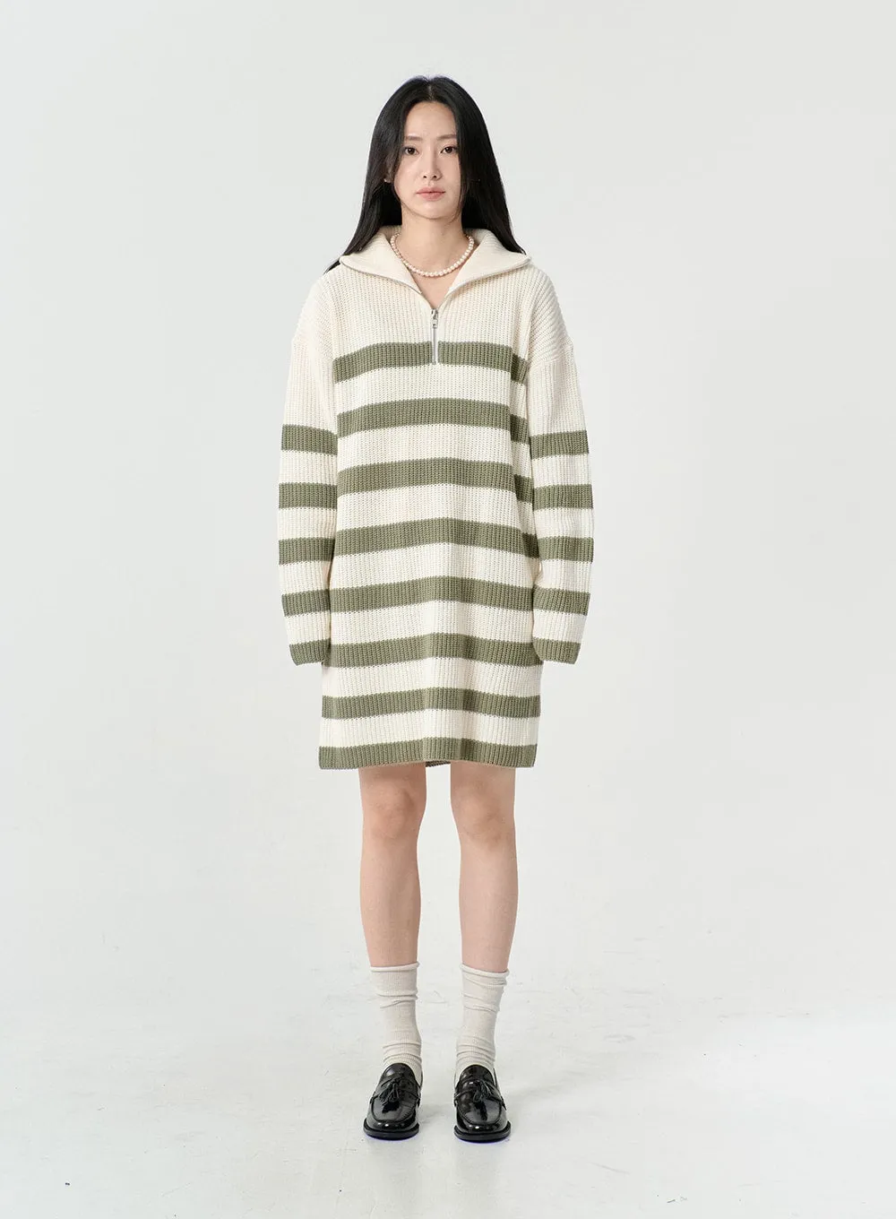 Two Tone Stripe Half Zip-Up Midi Knit Dress OS05