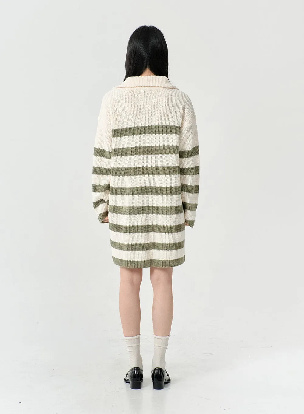 Two Tone Stripe Half Zip-Up Midi Knit Dress OS05