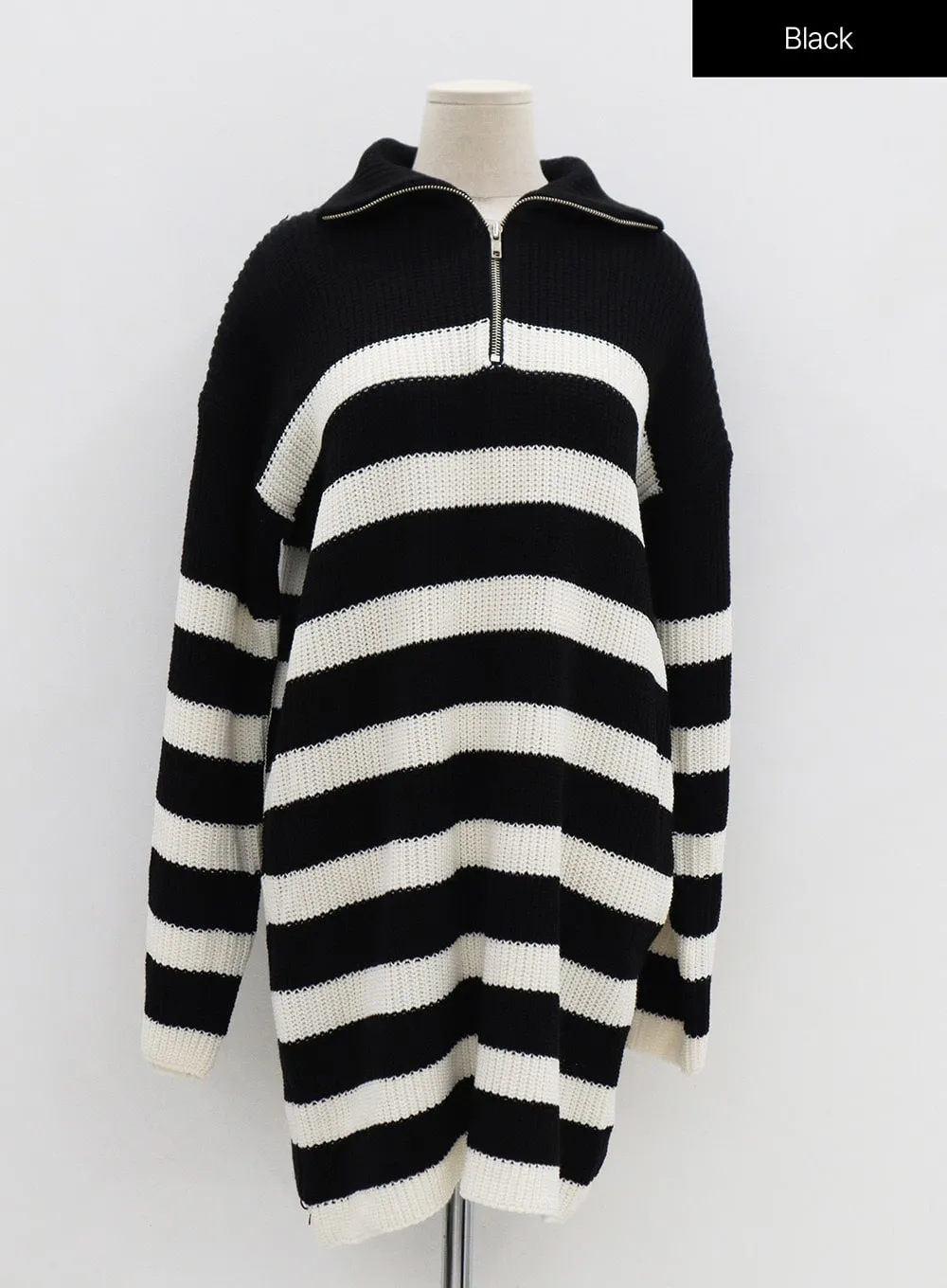 Two Tone Stripe Half Zip-Up Midi Knit Dress OS05