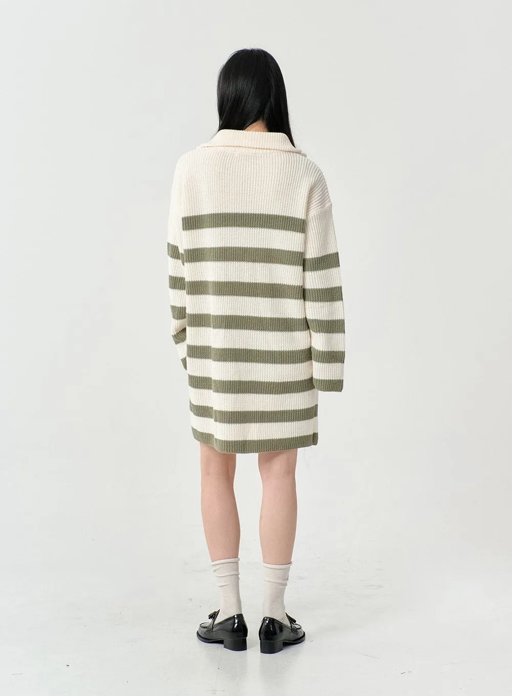 Two Tone Stripe Half Zip-Up Midi Knit Dress OS05