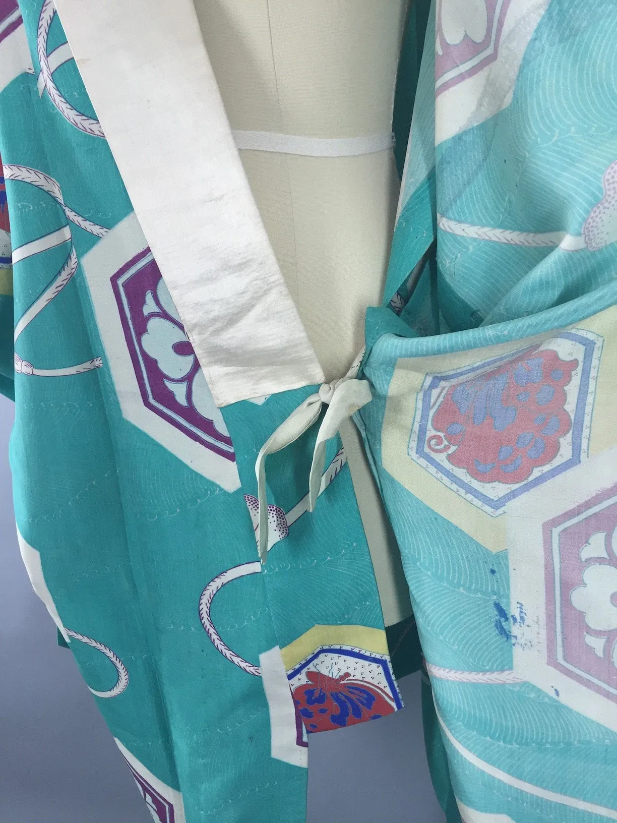 Vintage 1940s Silk Haori Kimono Cardigan / Aqua Blue Art Deco