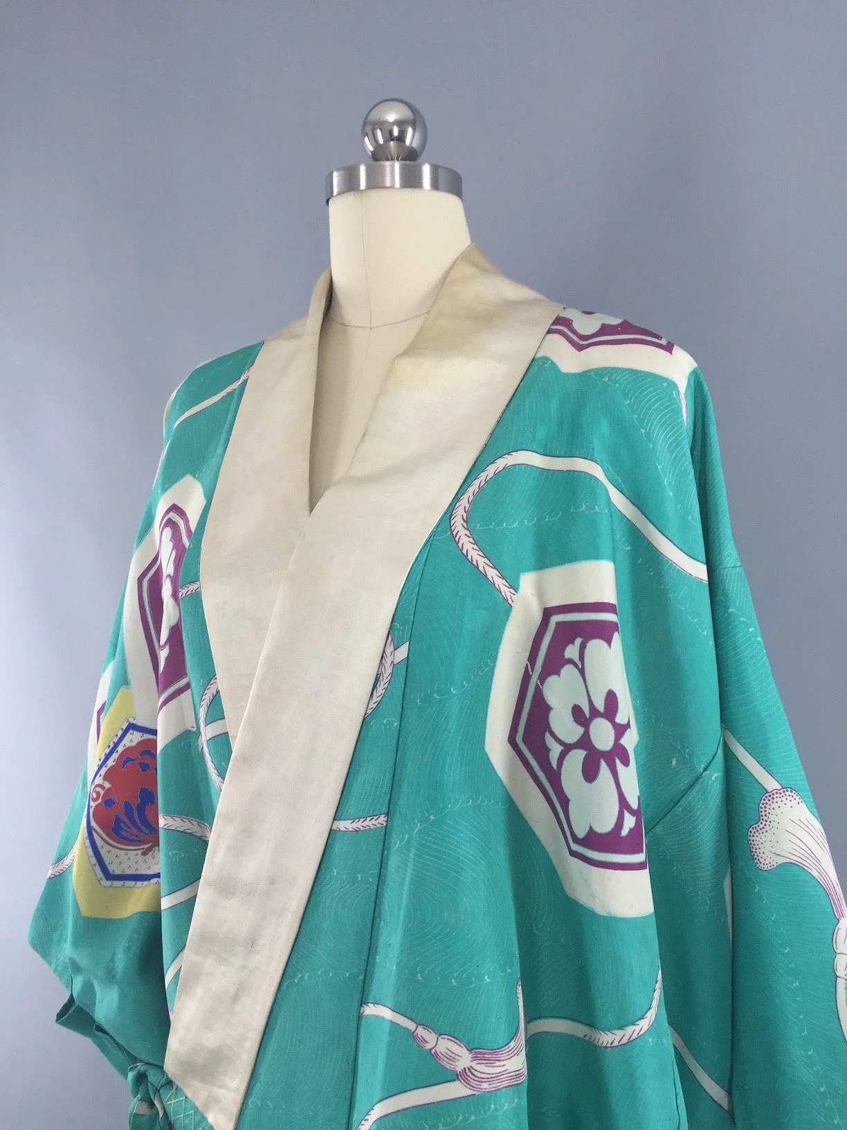 Vintage 1940s Silk Haori Kimono Cardigan / Aqua Blue Art Deco