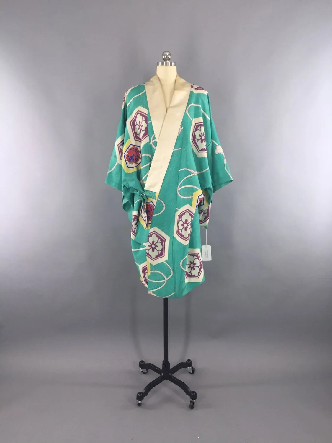 Vintage 1940s Silk Haori Kimono Cardigan / Aqua Blue Art Deco