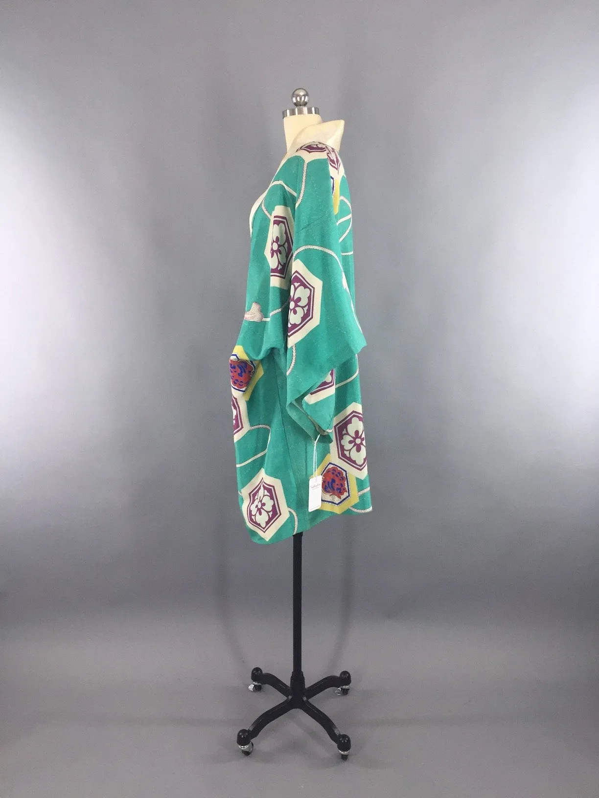 Vintage 1940s Silk Haori Kimono Cardigan / Aqua Blue Art Deco