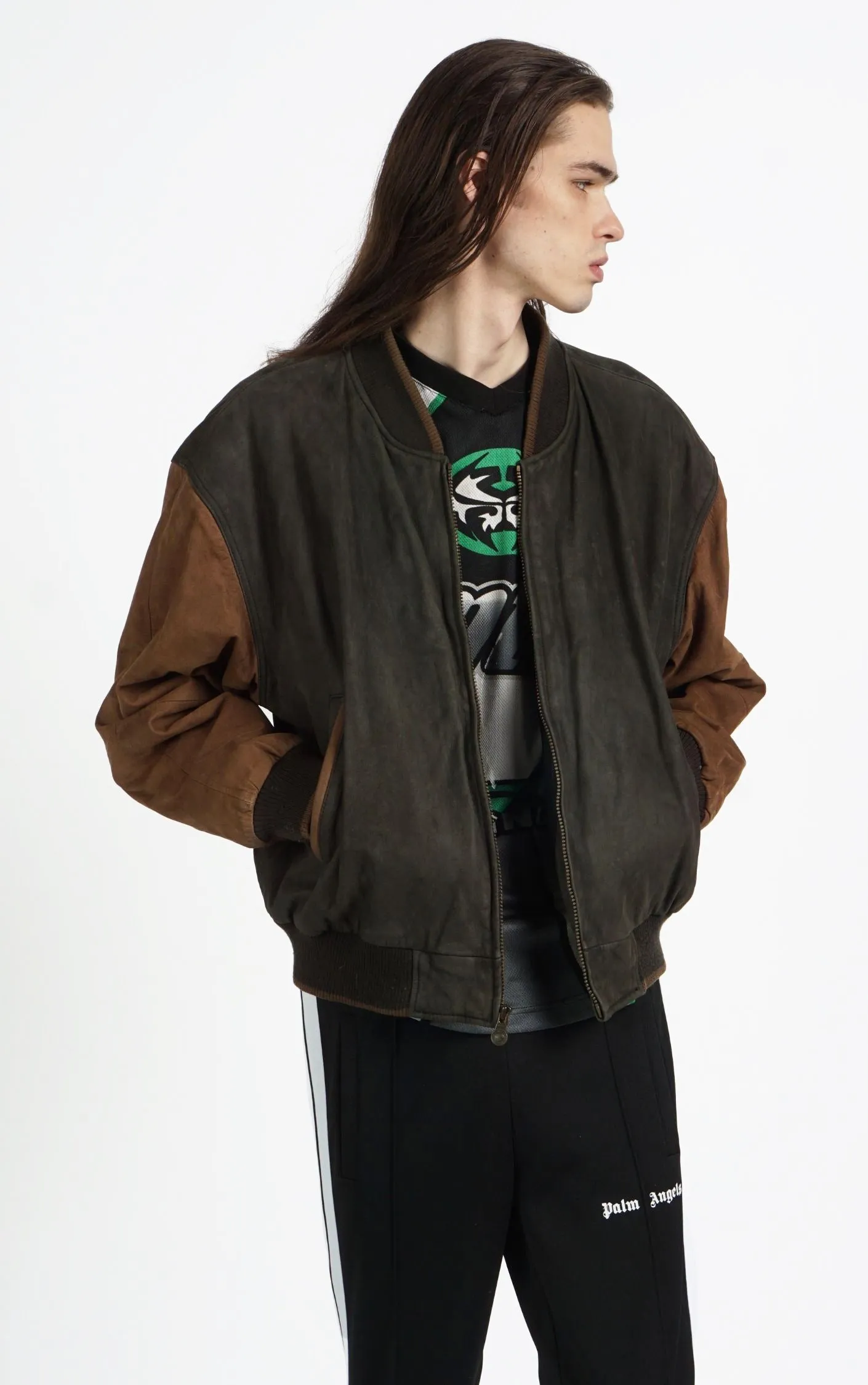 VINTAGE Brown Suede Leather Grunge Bomber Varsity Jacket