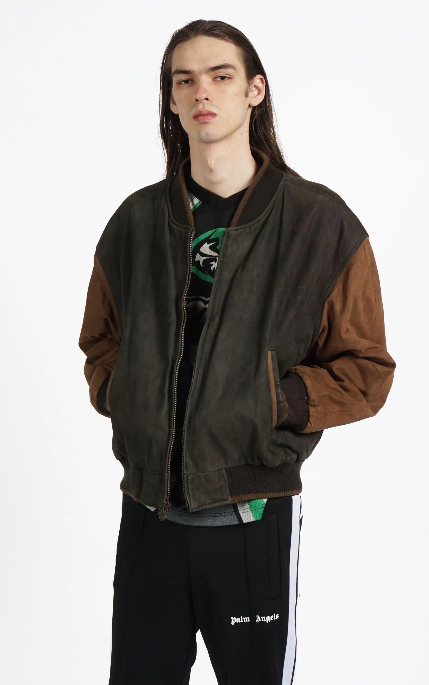 VINTAGE Brown Suede Leather Grunge Bomber Varsity Jacket