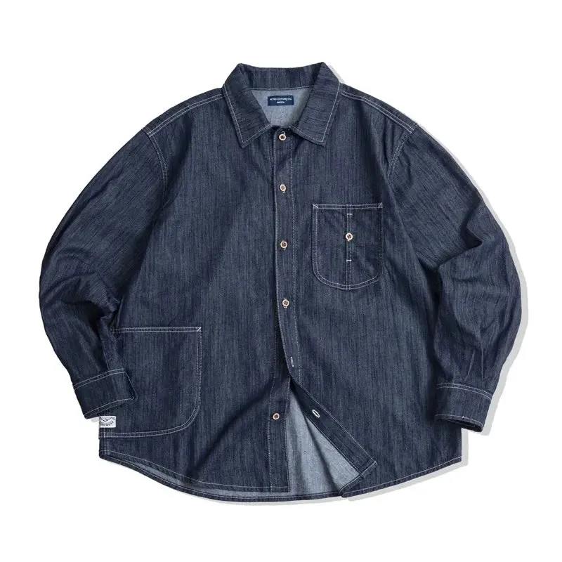 Vintage Washed Denim Shirt Men's Casual Button Down Long Sleeve Shirts with Large Pockets