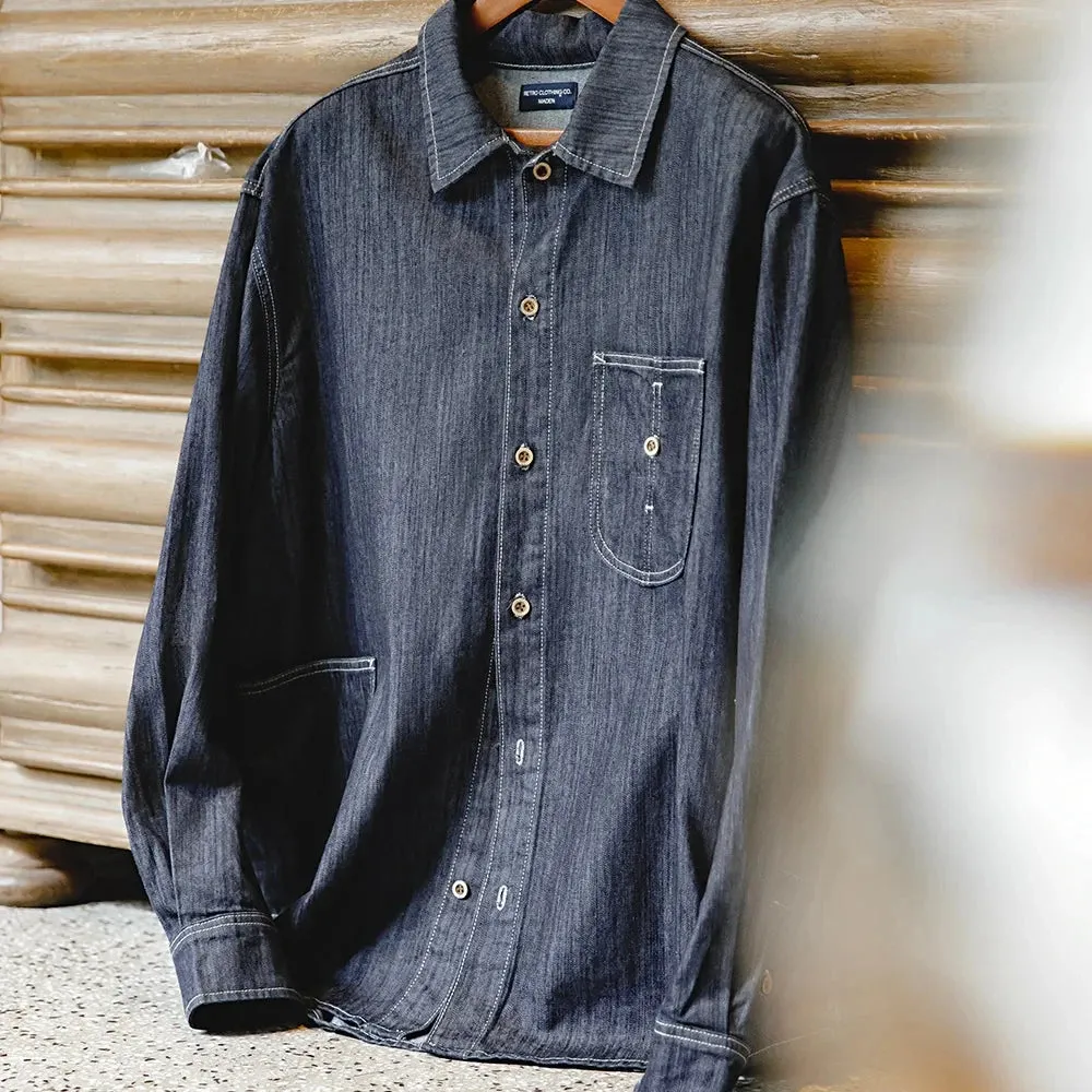 Vintage Washed Denim Shirt Men's Casual Button Down Long Sleeve Shirts with Large Pockets