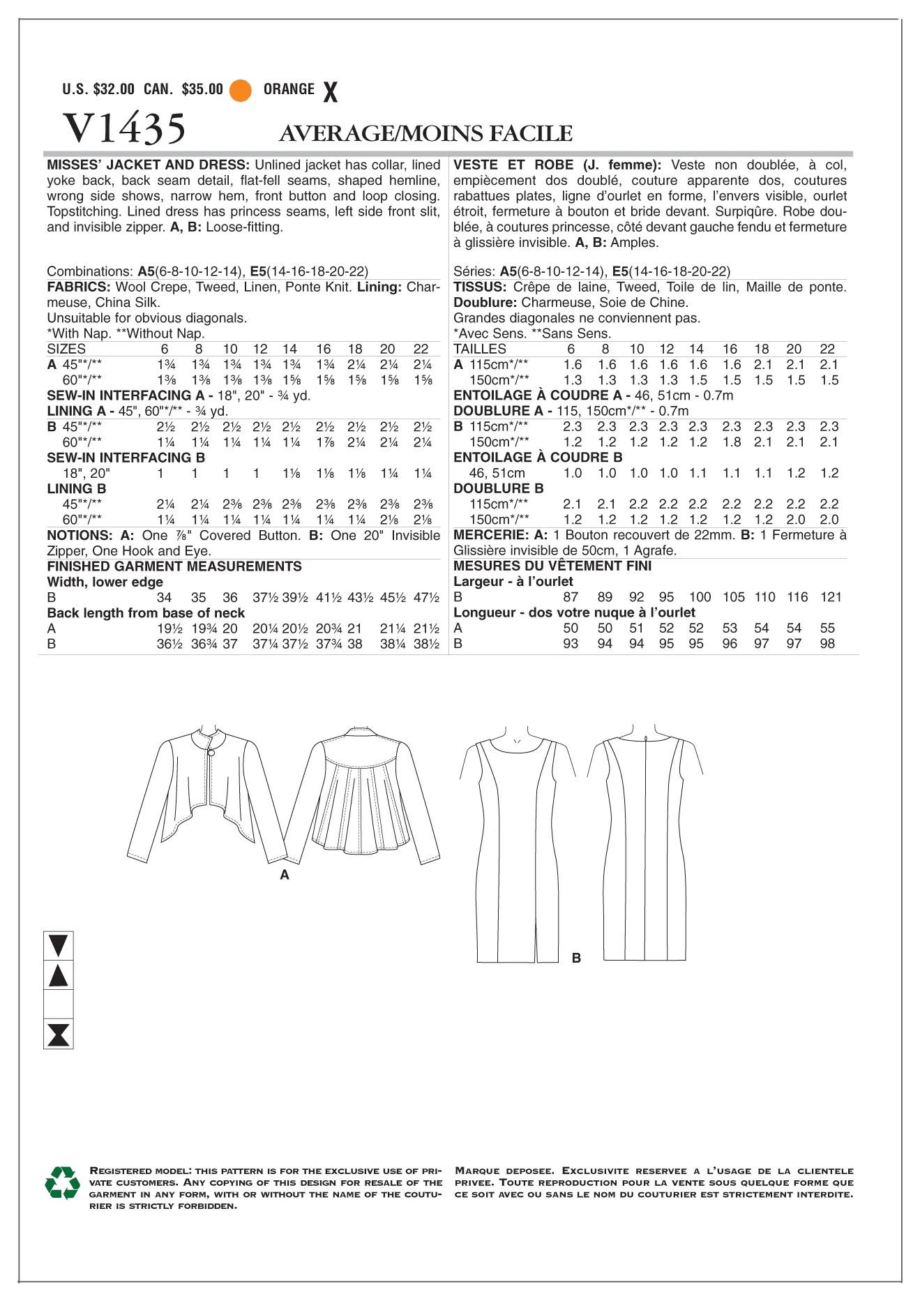 Vogue Pattern V1435 Misses' Back-Flare Jacket & Sleeveless Dress