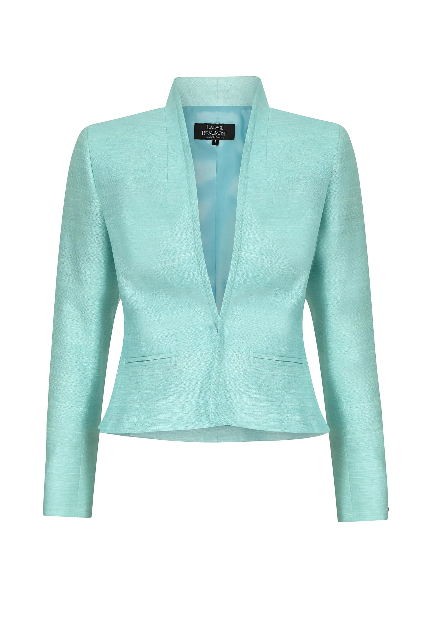 Waisted Edge-to-Edge Jacket in Plain Raw Silk in Aqua - Margo