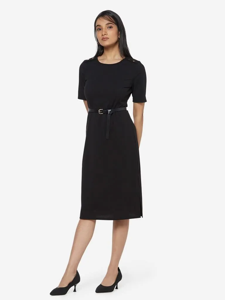 Wardrobe Black Ribbed Clay Dress With Belt