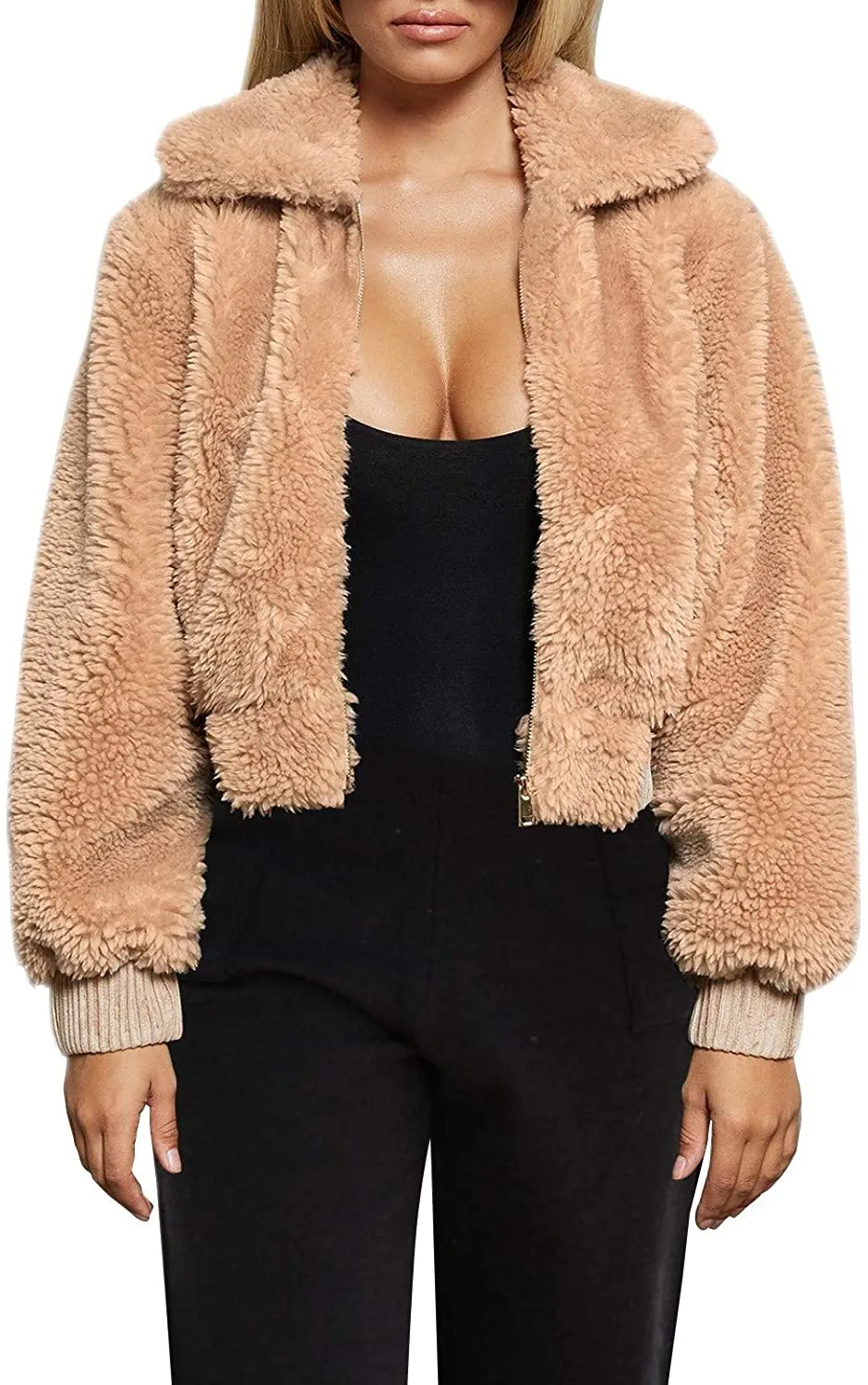 Warm Winter Cropped Faux Fur Zip-Up Pink Jacket with Pockets