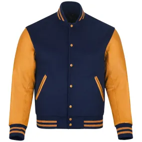 Warrior Gears Classic Hybrid Varsity Jacket for Kids, Toddler Letterman Bomber Jacket for Boys, Unisex Varsity Jacket Girls, Navy Blue Pure Wool Body & Gold Cowhide Leather Sleeves