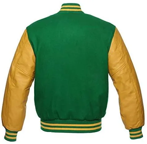 Warrior Gears Classic Hybrid Varsity Jacket University Letterman Bomber Jacket, Pure Wool & Original Cowhide Leather Jacket, Kelly Green Pure Wool Body & Gold Real Leather Sleeves