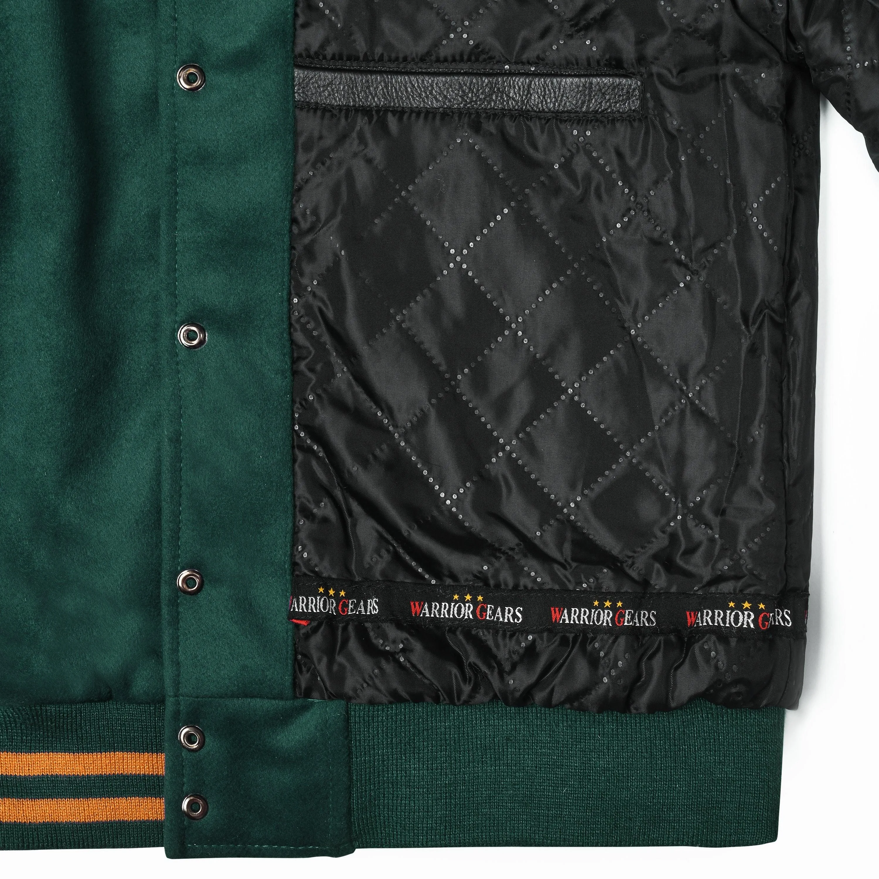 Warrior Gears Classic Hybrid Varsity Jacket University Letterman Bomber Jacket, Pure Wool & Original Cowhide Leather Jacket, Kelly Green Pure Wool Body & Gold Real Leather Sleeves