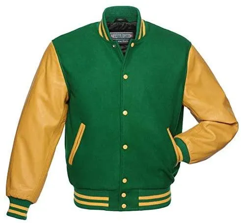 Warrior Gears Classic Hybrid Varsity Jacket University Letterman Bomber Jacket, Pure Wool & Original Cowhide Leather Jacket, Kelly Green Pure Wool Body & Gold Real Leather Sleeves