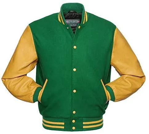 Warrior Gears Classic Hybrid Varsity Jacket University Letterman Bomber Jacket, Pure Wool & Original Cowhide Leather Jacket, Kelly Green Pure Wool Body & Gold Real Leather Sleeves