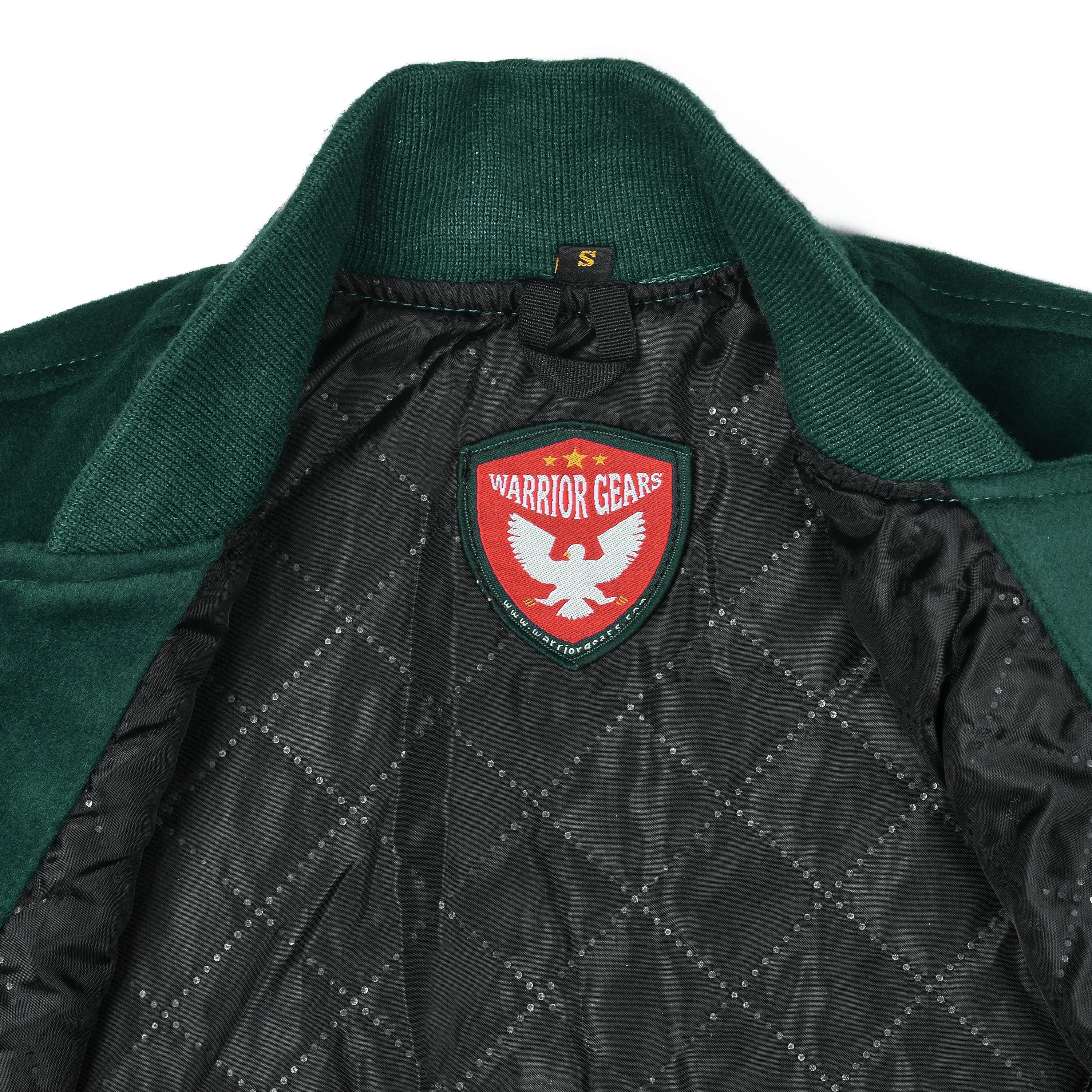 Warrior Gears Classic Hybrid Varsity Jacket University Letterman Bomber Jacket, Pure Wool & Original Cowhide Leather Jacket, Kelly Green Pure Wool Body & Gold Real Leather Sleeves