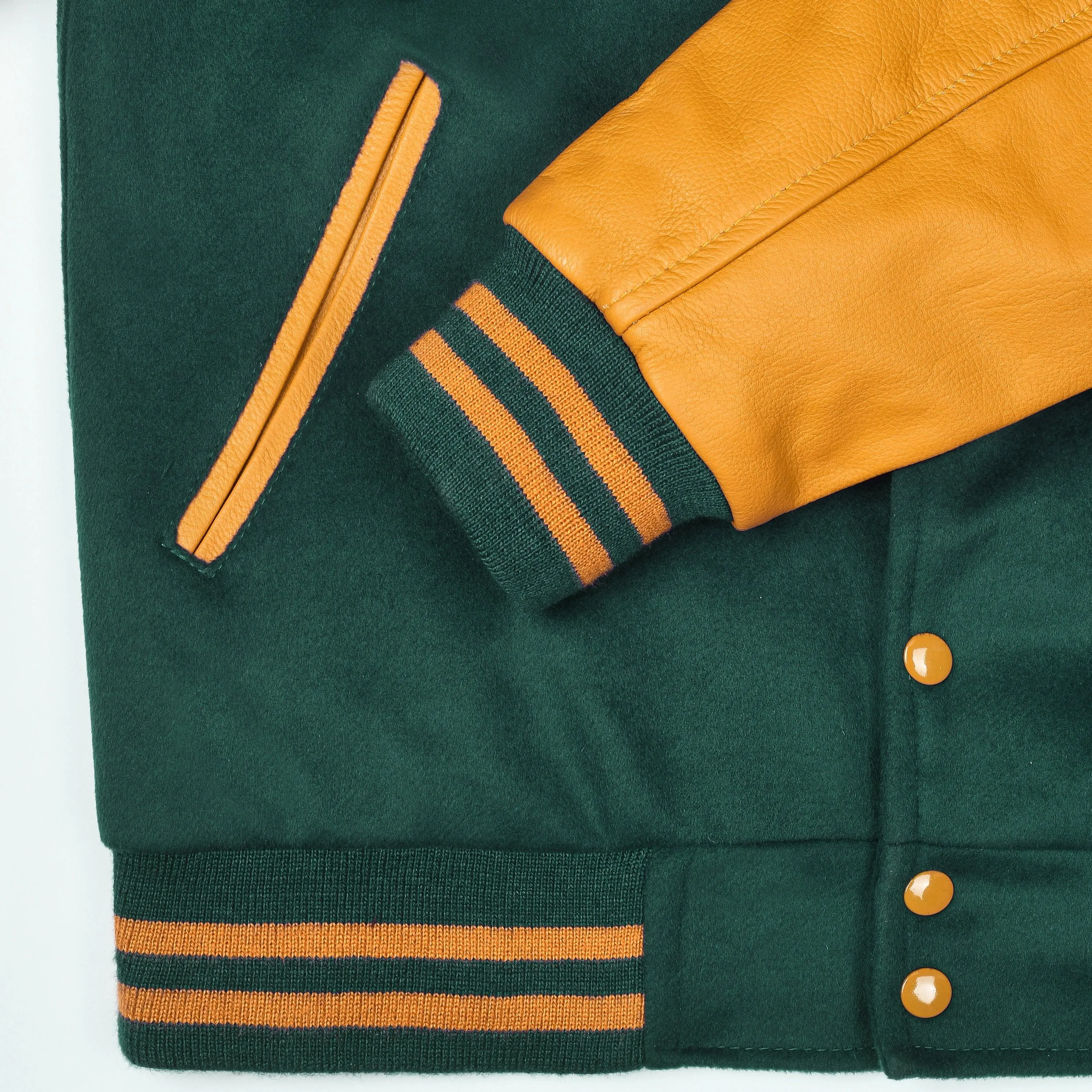 Warrior Gears Classic Hybrid Varsity Jacket University Letterman Bomber Jacket, Pure Wool & Original Cowhide Leather Jacket, Kelly Green Pure Wool Body & Gold Real Leather Sleeves