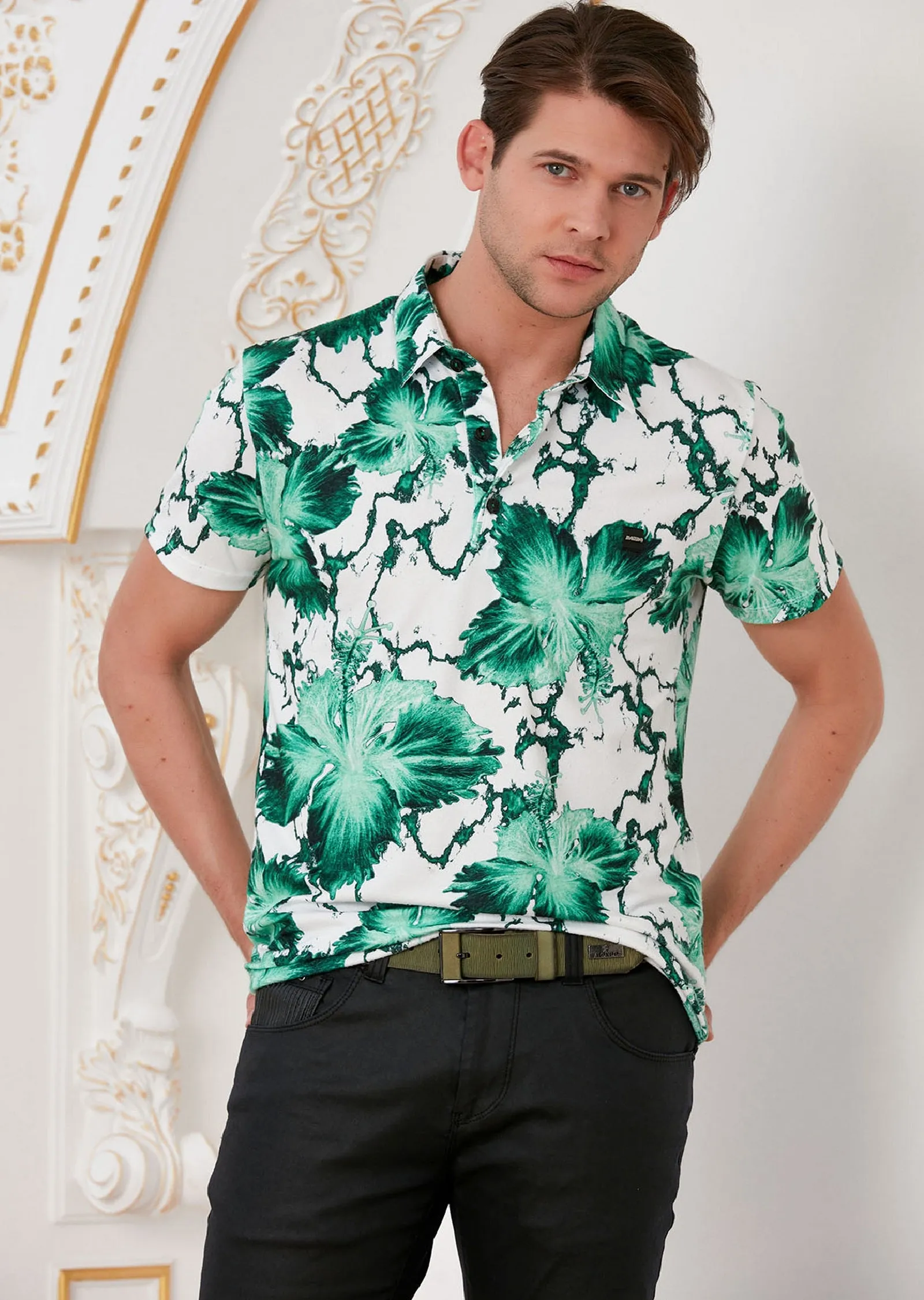 White Green Leaf Spandex Polo