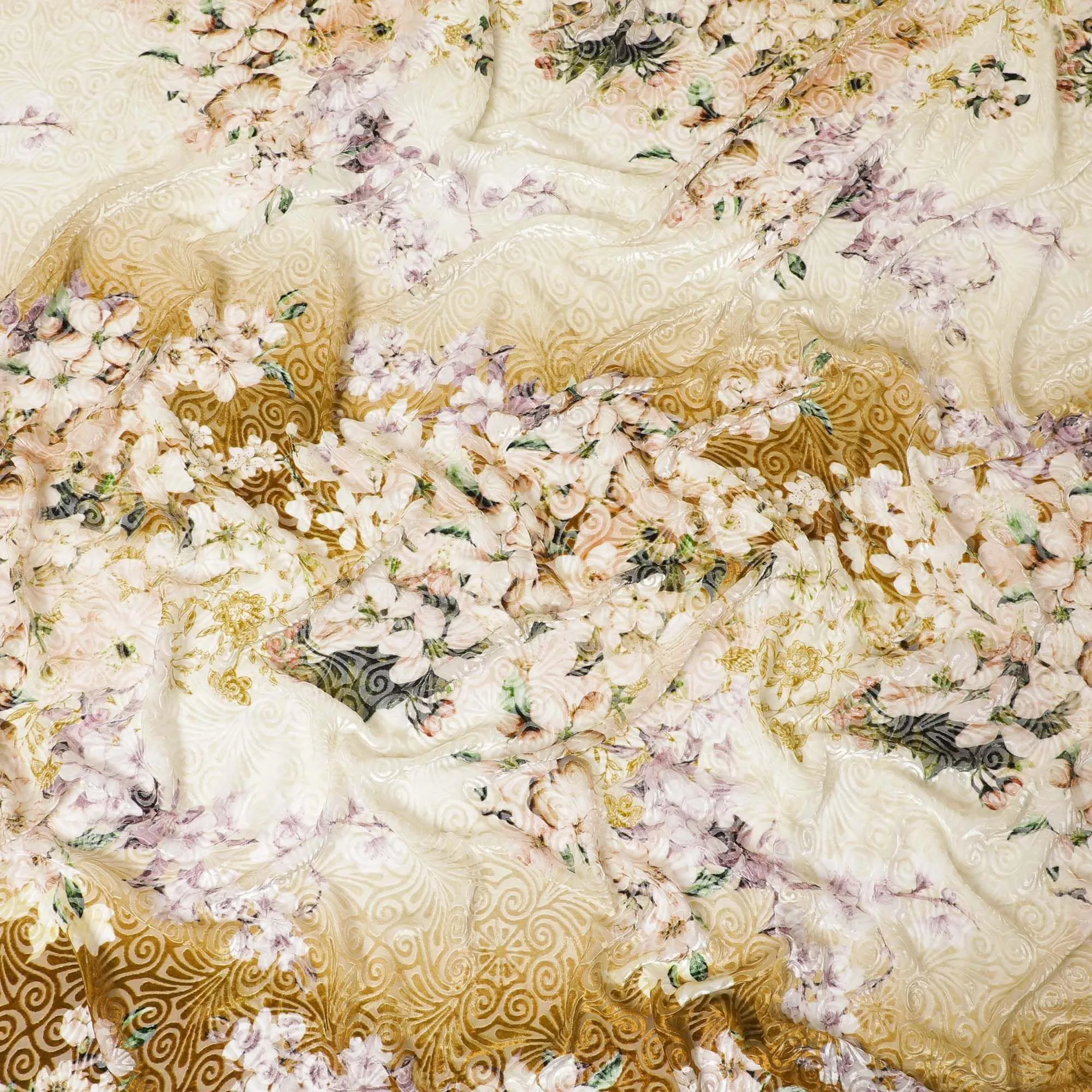 White Premium Italian silk chiffon dirac (makmal) fabric with multicolor print having velvet jacquard in floral design-D8697