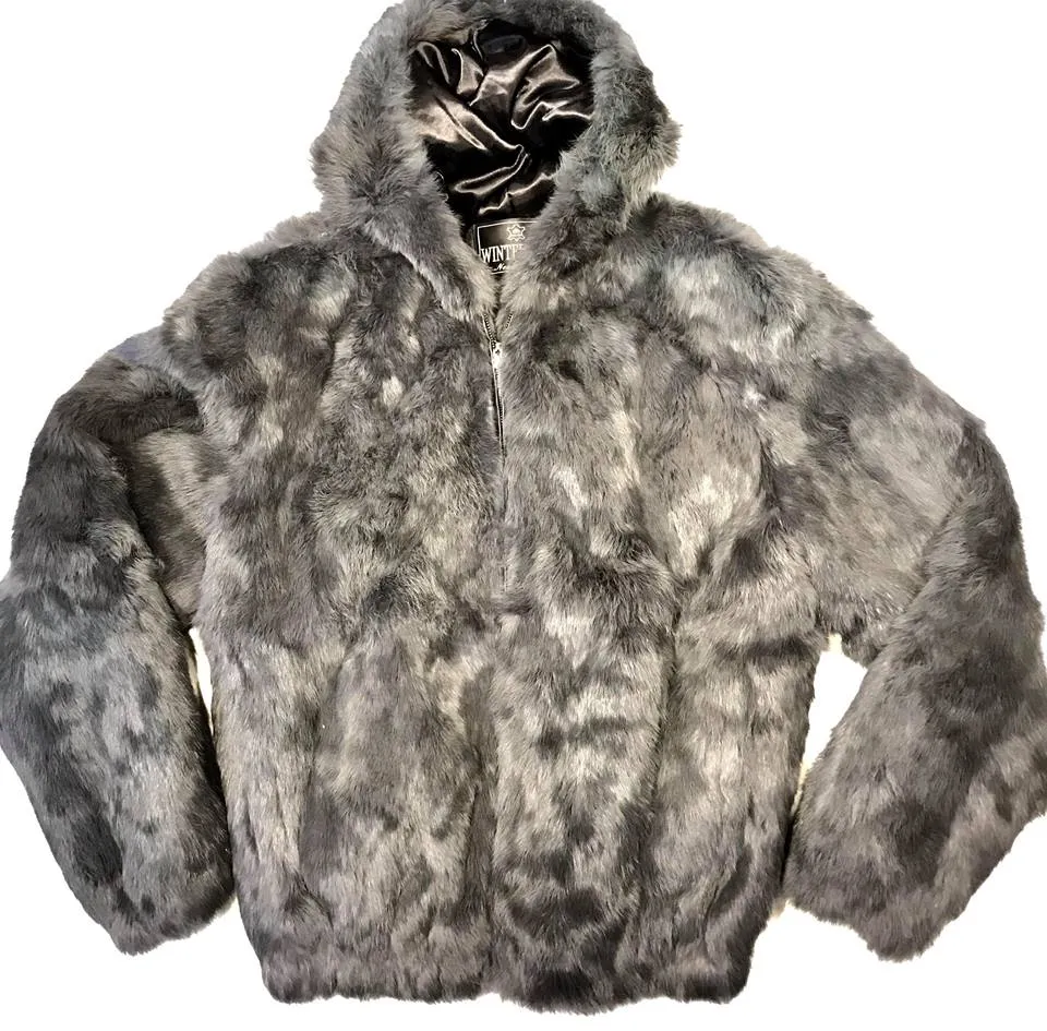 Winter Fur Gray Rabbit Bomber Fur Coat