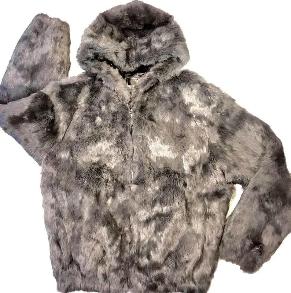 Winter Fur Gray Rabbit Bomber Fur Coat