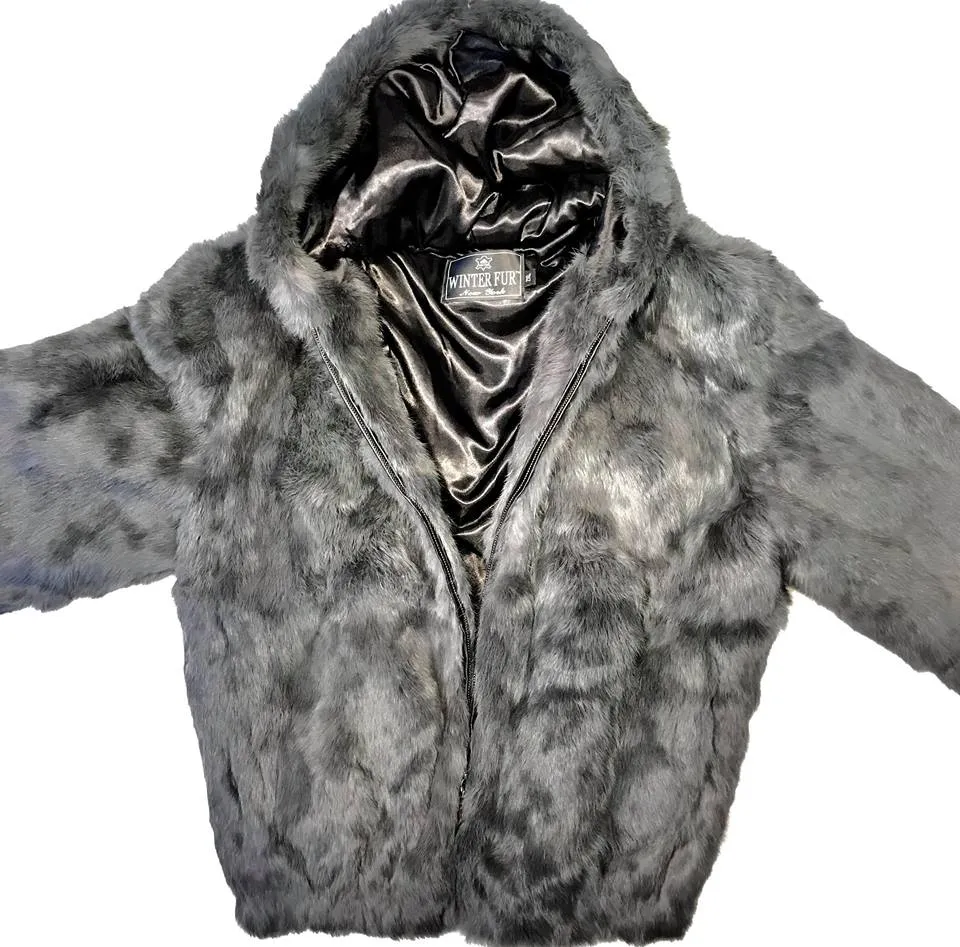 Winter Fur Gray Rabbit Bomber Fur Coat