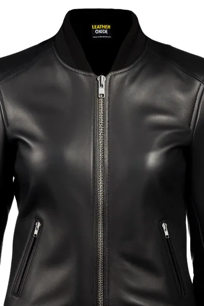 Women Bomber Leather Jacket- Black Leather Jacket for Women-Leatheroxide