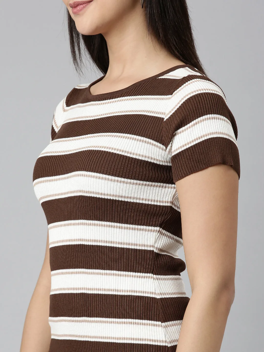 Women Coffee Brown Striped Bodycon Dress