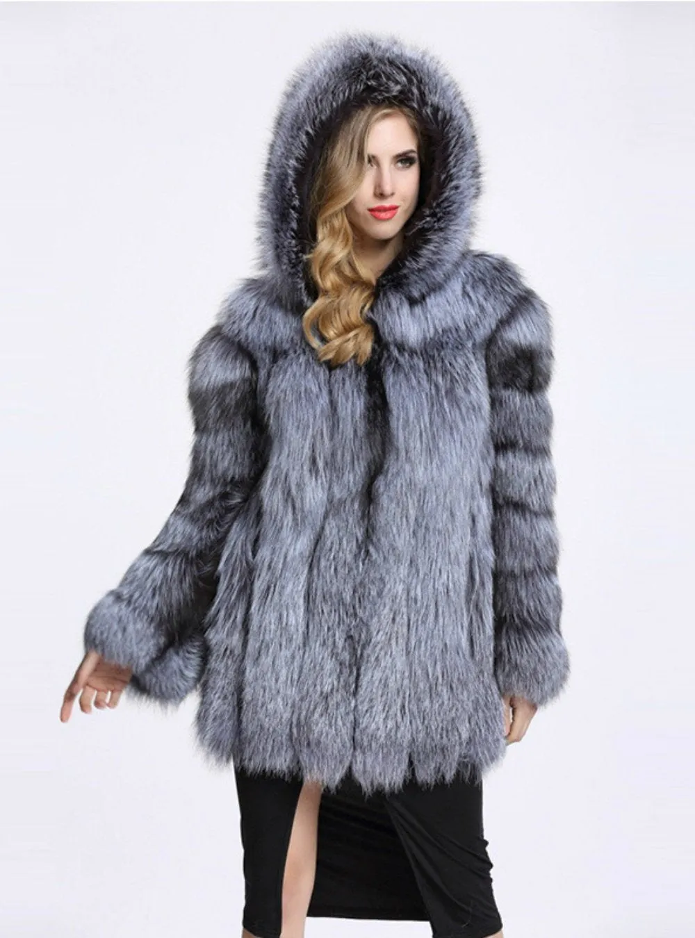 Women Faux Fox Fur Medium Length Sleeve Cap Coat