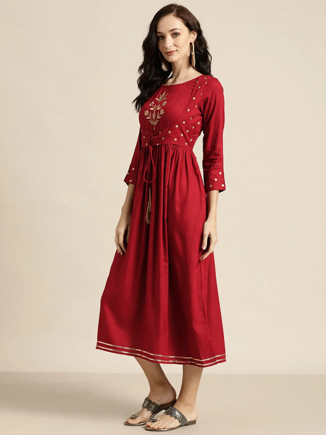 Women Maroon Foil Print Liva Dress With Jacket