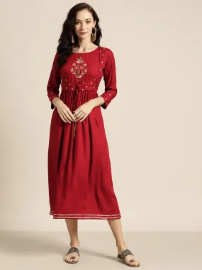 Women Maroon Foil Print Liva Dress With Jacket