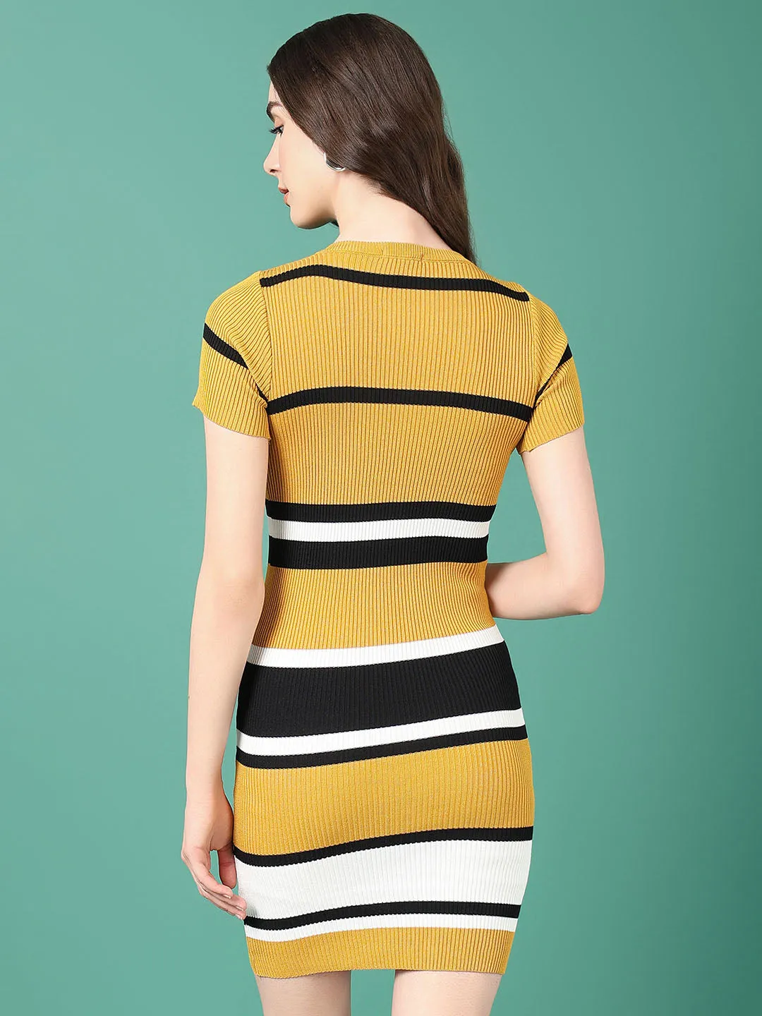 Women Mustard Striped Bodycon Dress