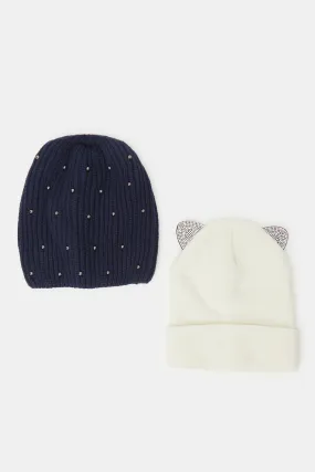 Women Navy And Beige Embellished Knitted Caps (Pack of 2)