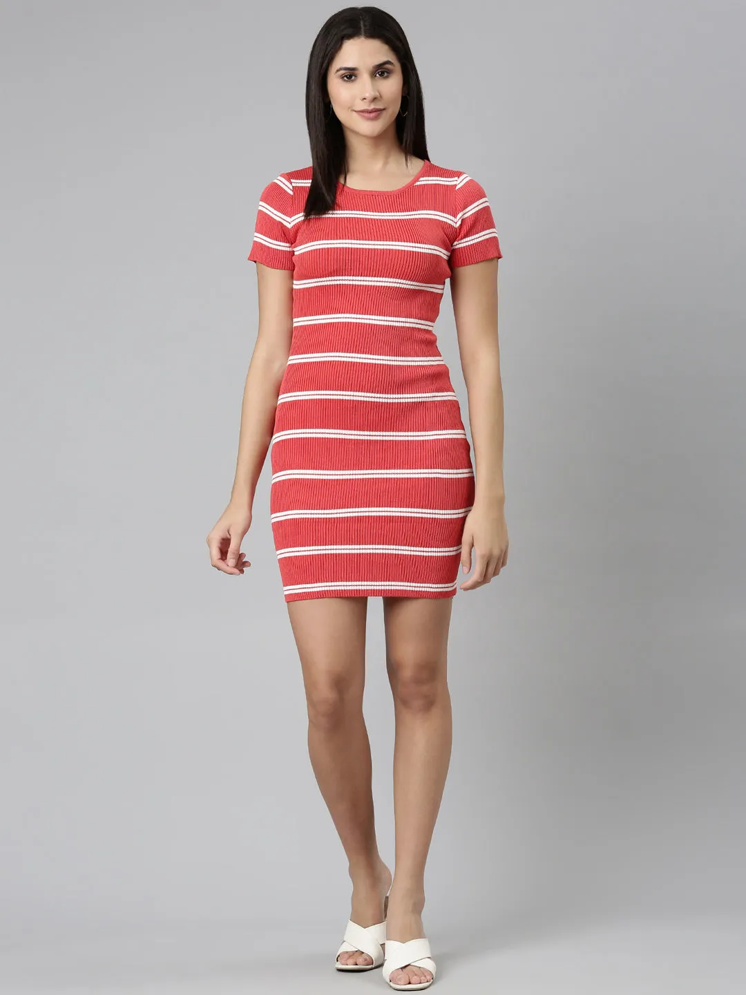 Women Orange Striped Bodycon Dress