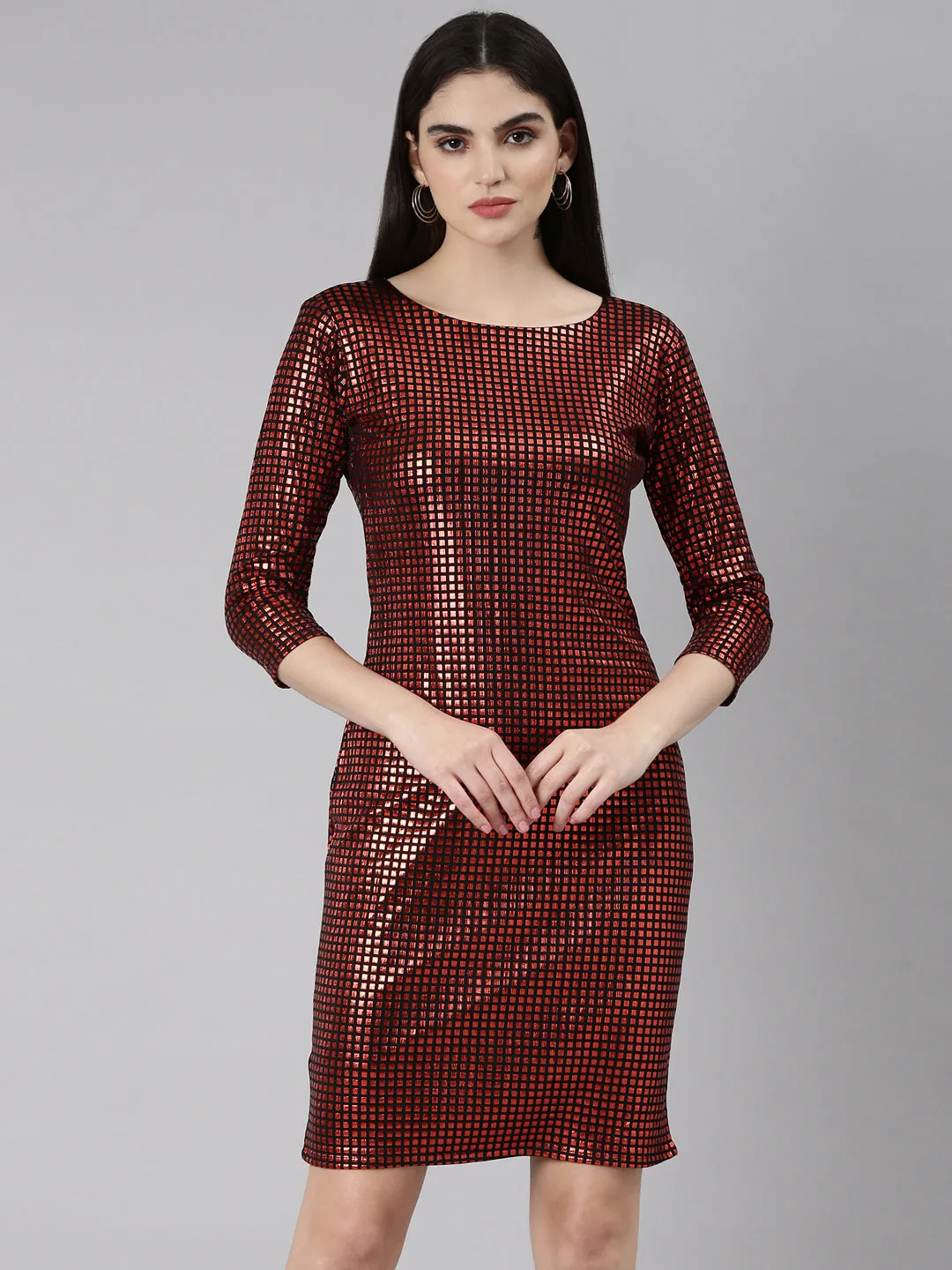 Women Red Checked Bodycon Dress