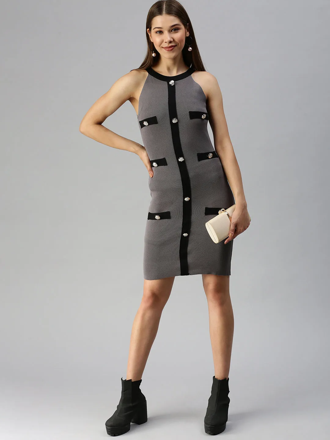 Women Shoulder Straps Solid Bodycon Grey Dress