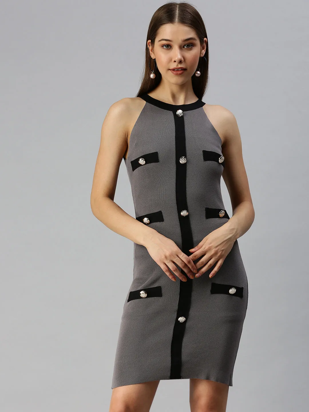 Women Shoulder Straps Solid Bodycon Grey Dress