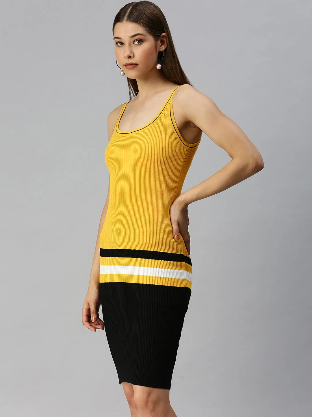 Women Shoulder Straps Solid Bodycon Yellow Dress