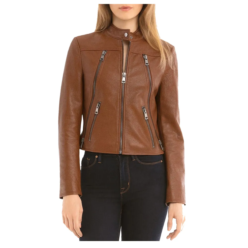 Women Slim Fit Fashion Brown Biker Leather Jacket