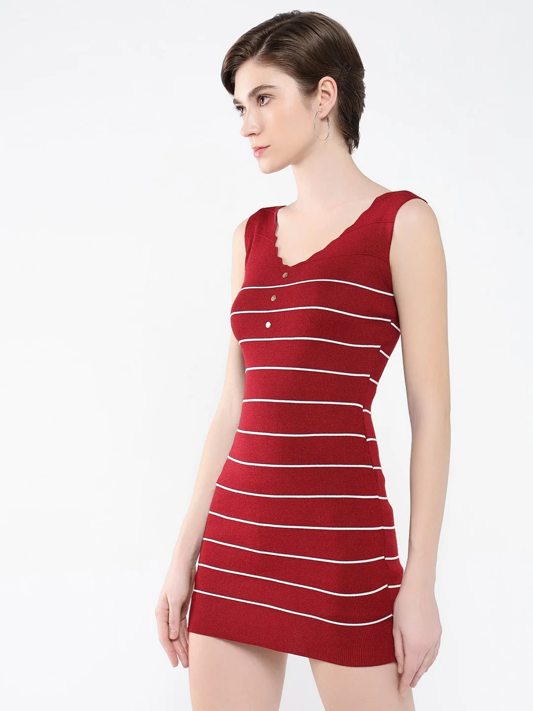 Women Striped Maroon Bodycon Dress