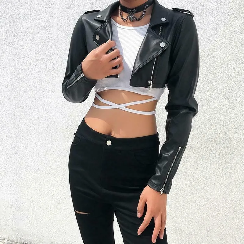 Women's Cropped Slim Fit Biker Lambskin Black Leather Jacket