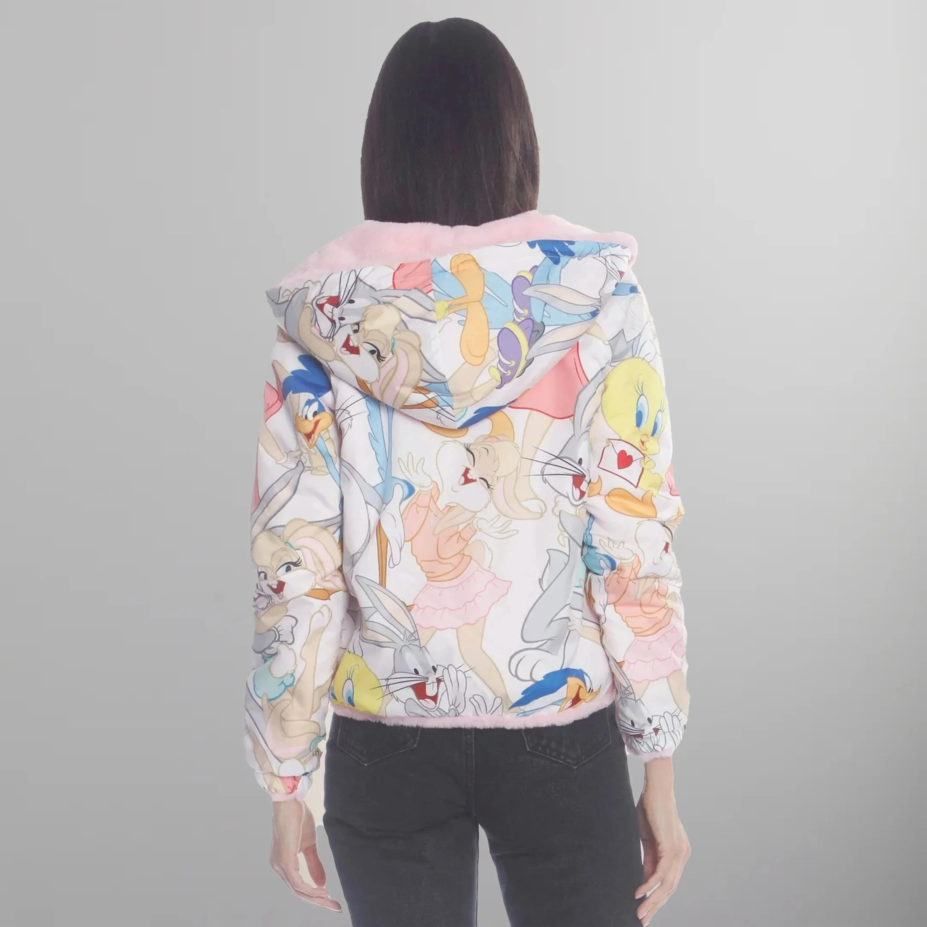 Women's  Faux Rabbit Fur Reversible Bomber Looney Tunes Satin Mashup Print Lining Jacket - FINAL SALE