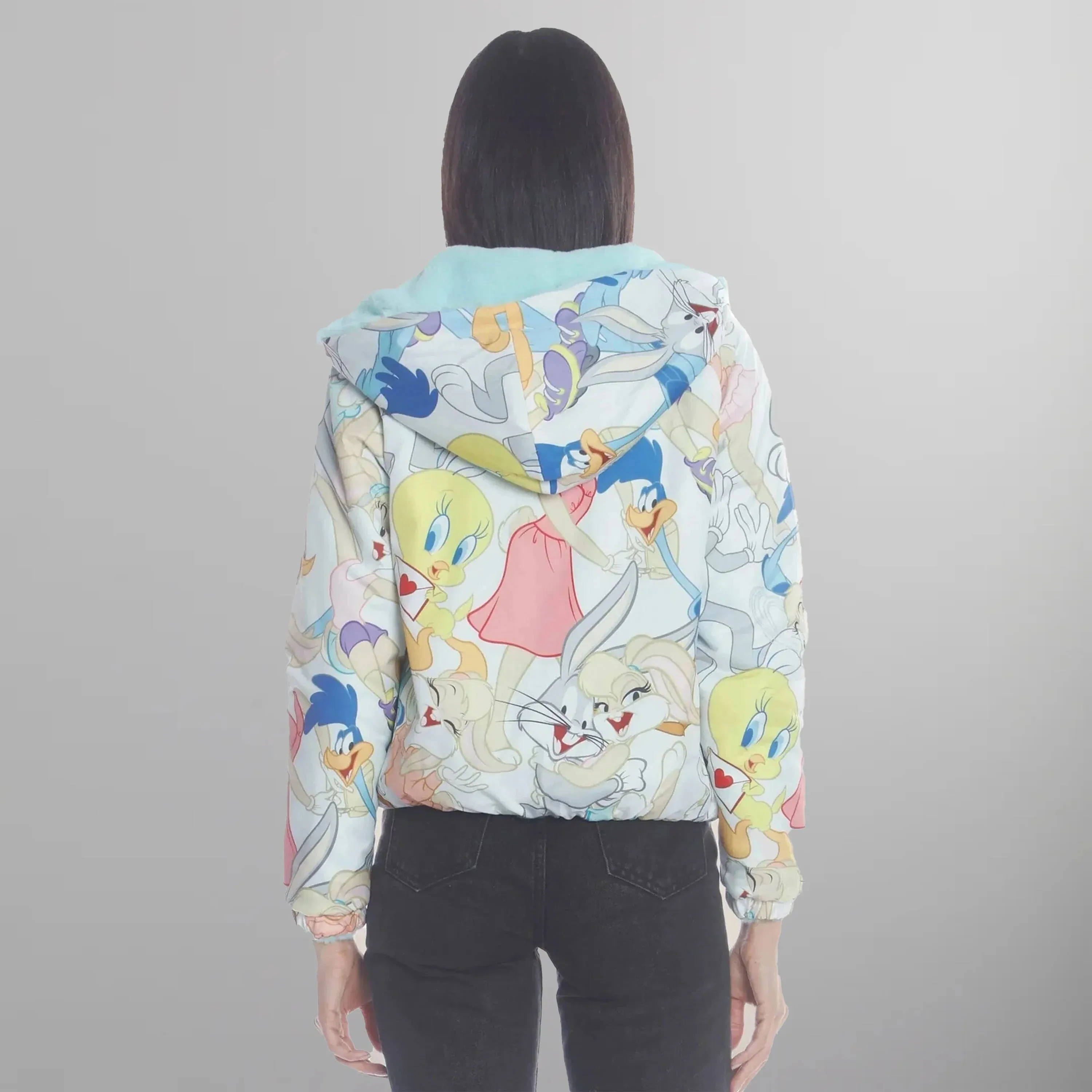 Women's  Faux Rabbit Fur Reversible Bomber Looney Tunes Satin Mashup Print Lining Jacket - FINAL SALE