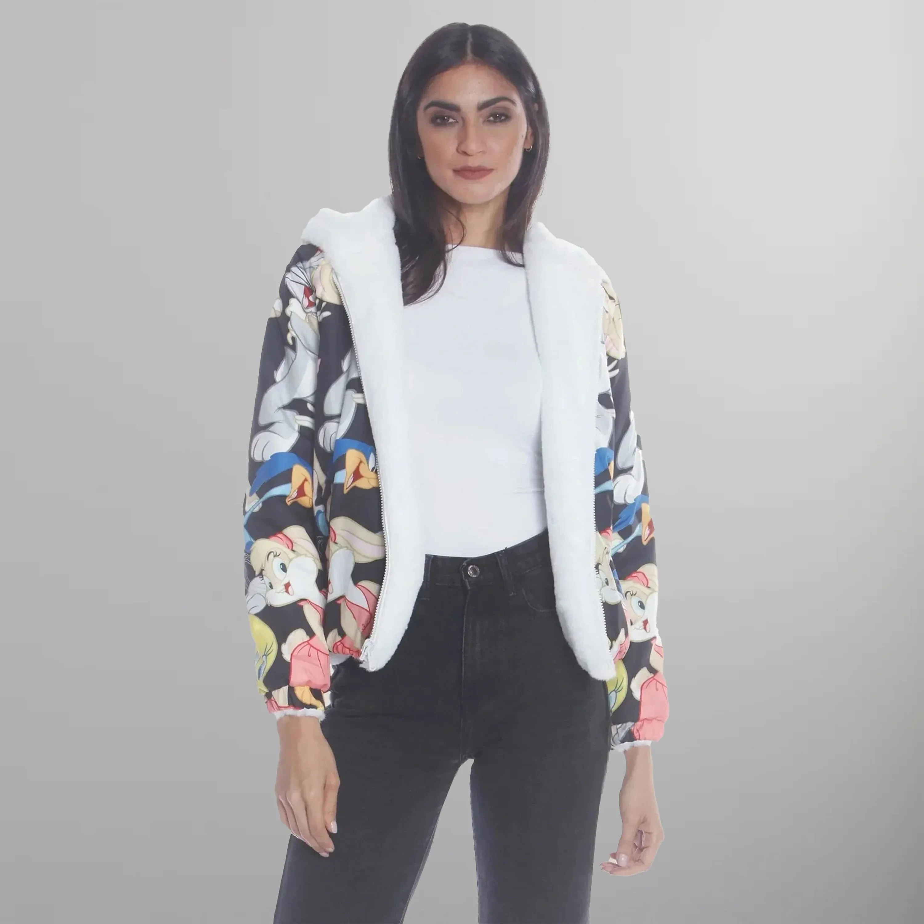 Women's  Faux Rabbit Fur Reversible Bomber Looney Tunes Satin Mashup Print Lining Jacket - FINAL SALE