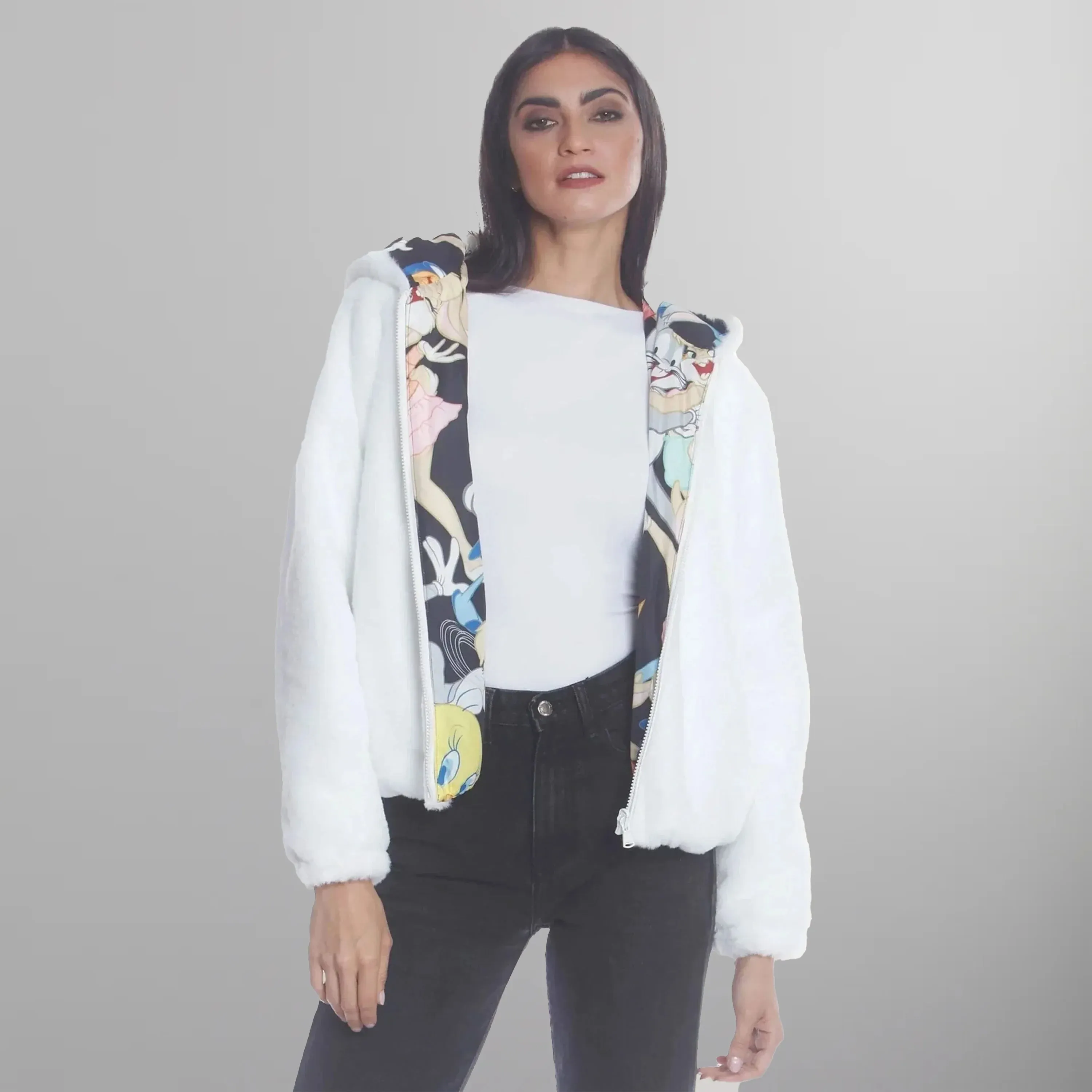 Women's  Faux Rabbit Fur Reversible Bomber Looney Tunes Satin Mashup Print Lining Jacket - FINAL SALE