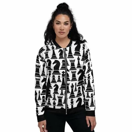 Womens Jacket - Black And White Chess Style Bomber Jacket