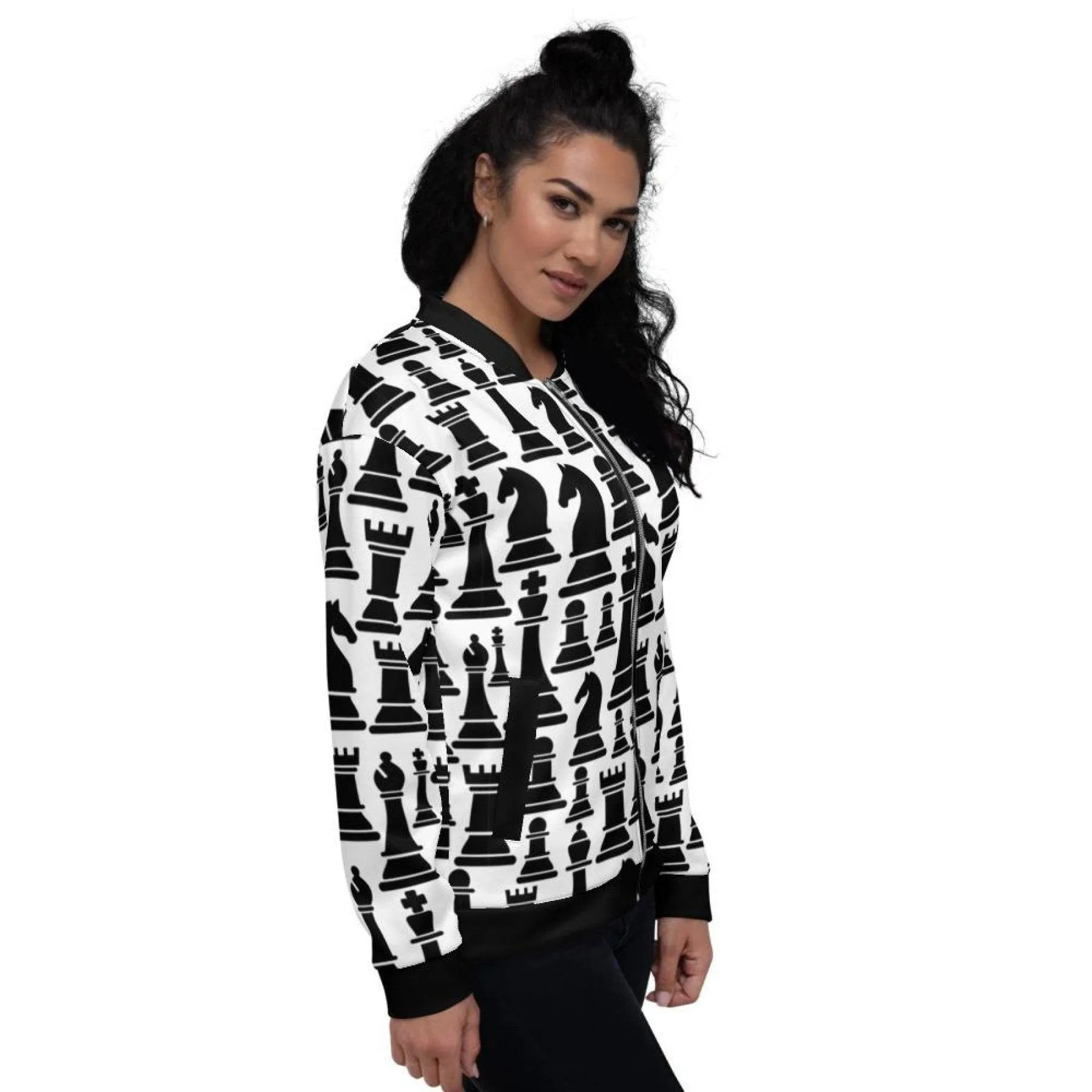 Womens Jacket - Black And White Chess Style Bomber Jacket