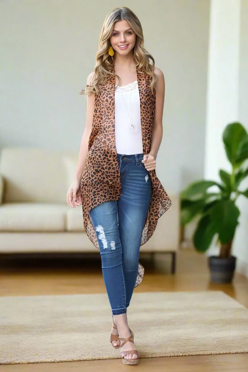 Womens Leopard Cheetah Kimono, Sleeveless Vest, Open Front Cardigan, One Size, Brown/Black